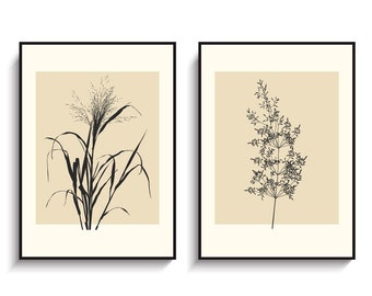 Botanical Print Set of 2. Beige Tan Ivory Modern Posters. Minimalist Diptych. Plant Grass Sand Yellow Illustration. Neutral Tones Art.