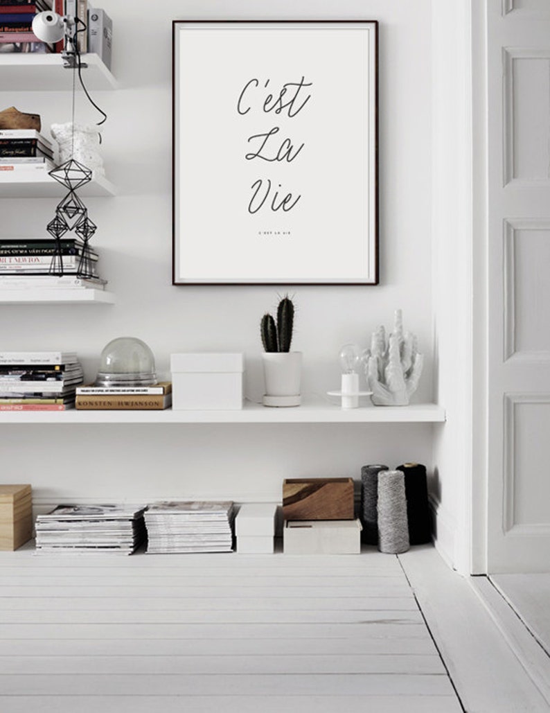 May include: A white wall with a framed black and white print that reads "C'est La Vie" hanging on it. The print is in a black frame. There is a white shelf below the print with a potted cactus, a white ceramic sculpture, and a glass globe on it.