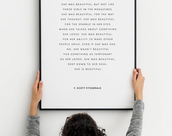 F. Scott Fitzgerald Quote. She Was Beautiful. Literary Inspirational Romantic Love Print. Typography Print. Modern White Minimal Décor.