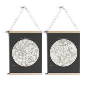 May include: Two black and white constellation maps with a wooden frame and string for hanging. The maps are titled "The Constellations of the Northern Hemisphere" and "The Constellations of the Southern Hemisphere".