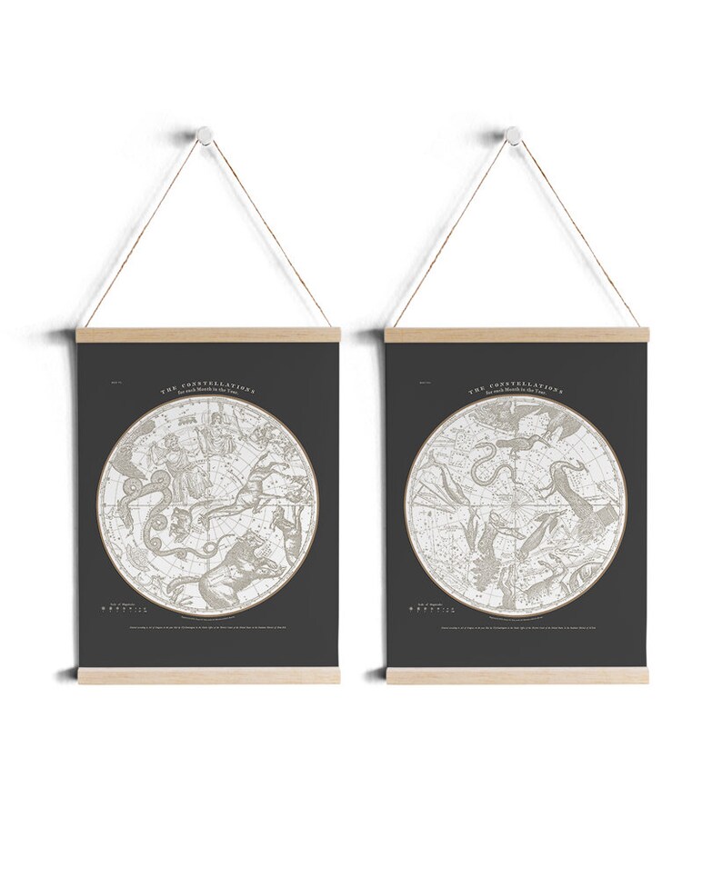 May include: Two black and white constellation maps with a wooden frame and string for hanging. The maps are titled "The Constellations of the Northern Hemisphere" and "The Constellations of the Southern Hemisphere".
