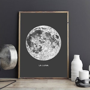 Full Moon Poster - PRINTABLE FILE. La Luna Moon Poster. Lunar Moon Print. Vintage Luna Print. Solar System Art. Celestial Dorm Room Art.
