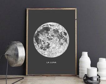 Full Moon Poster - PRINTABLE FILE. La Luna Moon Poster. Lunar Moon Print. Vintage Luna Print. Solar System Art. Celestial Dorm Room Art.