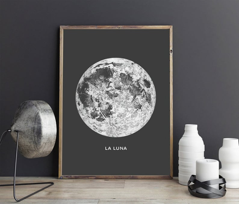 Full Moon Poster PRINTABLE FILE. La Luna Moon Poster. Lunar Moon Print. Vintage Luna Print. Solar System Art. Celestial Dorm Room Art. image 1