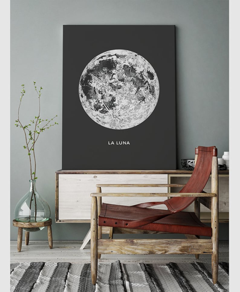 Full Moon Canvas. La Luna Moon Canvas Gallery Wrap. Lunar Moon Print. Vintage Luna Print. Solar System Art. Celestial Dorm Room Art. image 2