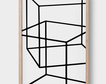 Impresión abstracta de cubos geométricos - ARCHIVO IMPRIMIBLE. Arte escandinavo blanco negro moderno. Arte minimalista nórdico. Póster de arte lineal.