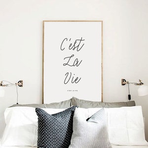 May include: A framed print with the French phrase "C'est La Vie" in black cursive script on a white background.