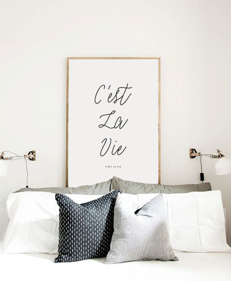 May include: A framed print with the French phrase "C'est La Vie" in black cursive script on a white background.