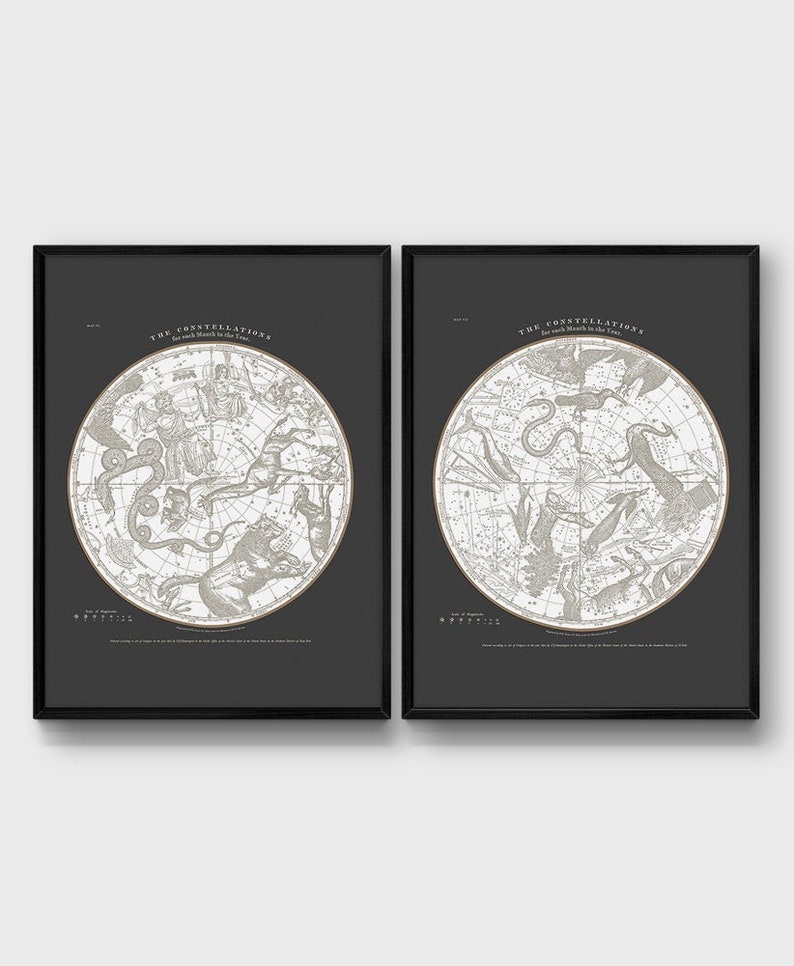May include: Two black framed prints of vintage star charts. Each print features a circular map of the constellations for each month of the year. The text "THE CONSTELLATIONS for each Month in the Year" is printed at the top of each print.