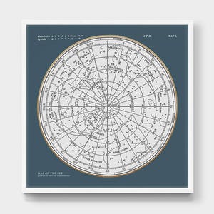 Cartaz das constelações do mapa estelar. Mapa do Céu. Impressão moderna de astronomia vintage. Mapa Celestial Azul. Arte da parede da galeria. Estampa Quadrada.
