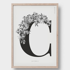 Letra C Impresión tipográfica. Arte monograma. Impresión inicial. Vintage inspirado alfabeto letra C cartel. Estilo escandinavo. Impresión floral moderna.