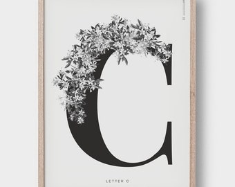 Letter C Typography Print. Monogram Art. Initial Print. Vintage Inspired Alphabet Letter C Poster. Scandinavian Style. Modern Floral Print.