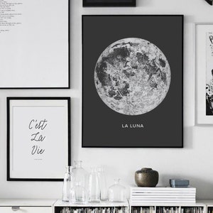 Full Moon Poster PRINTABLE FILE. La Luna Moon Poster. Lunar Moon Print. Vintage Luna Print. Solar System Art. Celestial Dorm Room Art. image 4