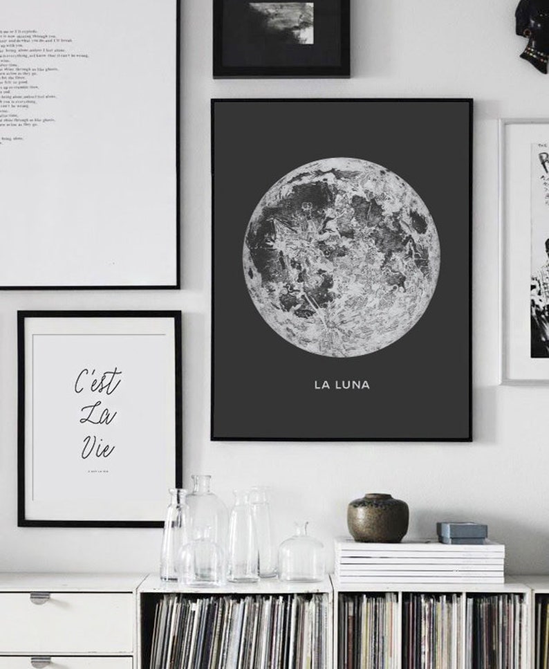 Full Moon Poster PRINTABLE FILE. La Luna Moon Poster. Lunar Moon Print. Vintage Luna Print. Solar System Art. Celestial Dorm Room Art. image 4