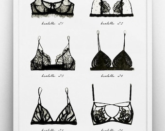 Lingerie Wall Art. Black Lace Bralette Art Poster - PRINTABLE FILE. Undergarments Art Print. Boho Feminine Illustration. Bra Poster.