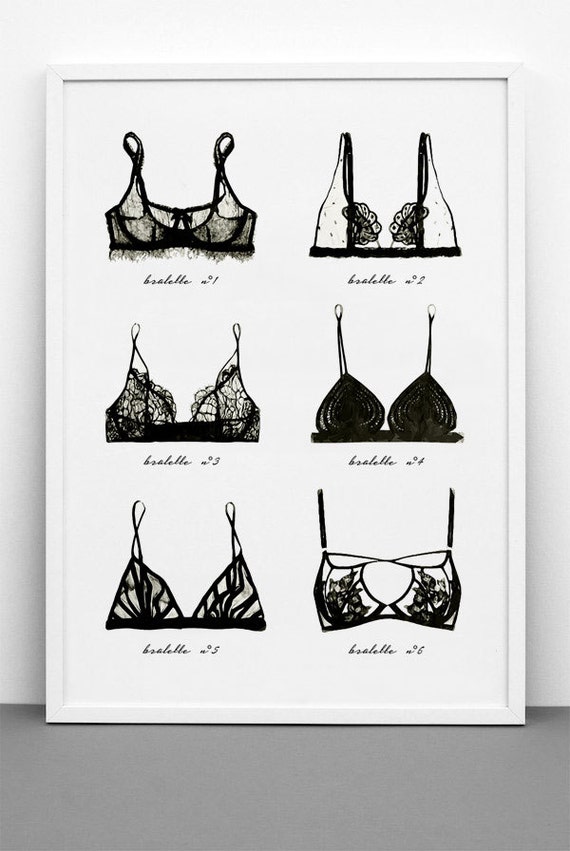 Lingerie Wall Art. Black Lace Bralette Art Poster PRINTABLE FILE.  Undergarments Art Print. Boho Feminine Illustration. Bra Poster. 