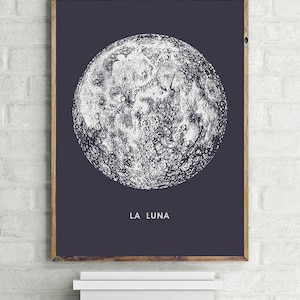Full Moon Poster - PRINTABLE FILE. La Luna Moon Poster. Lunar Moon Print. Vintage Luna Print. Solar System Art. Celestial Dorm Room Art.