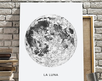 Full Moon Canvas. La Luna Moon Canvas Gallery Wrap. Lunar Moon Print. Vintage Luna Print. Solar System Art. Celestial Dorm Room Art.