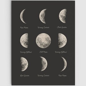 May include: A black and white illustration of the eight phases of the moon, with the name of each phase written below it. The phases are: New Moon, Waxing Crescent, First Quarter, Waxing Gibbous, Full Moon, Waning Gibbous, Last Quarter, and Waning Crescent.
