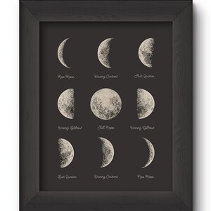 May include: A black framed print with a white background and illustrations of the phases of the moon. The phases are labeled with the names: New Moon, Waxing Crescent, First Quarter, Waxing Gibbous, Full Moon, Waning Gibbous, Last Quarter, Waning Crescent, New Moon.