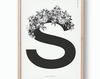Letter S Typography Print. Monogram Art. Initial Print. Vintage Inspired Alphabet Letter S Poster. Scandinavian Style. Modern Floral Print.