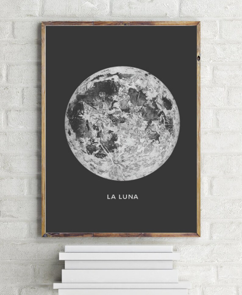 Full Moon Poster PRINTABLE FILE. La Luna Moon Poster. Lunar Moon Print. Vintage Luna Print. Solar System Art. Celestial Dorm Room Art. image 3