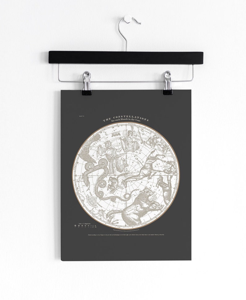 May include: A black and white vintage illustration of constellations on a dark gray background. The title reads "The Constellations for each Month in the Year."