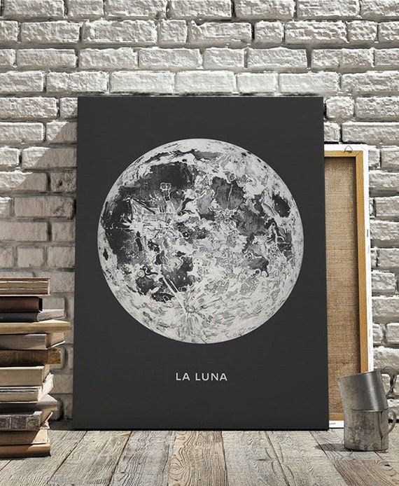 Full Moon Canvas. La Luna Moon Canvas Gallery Wrap.  Lunar Moon Print. Vintage Luna Print. Solar System Art. Celestial Dorm Room Art.