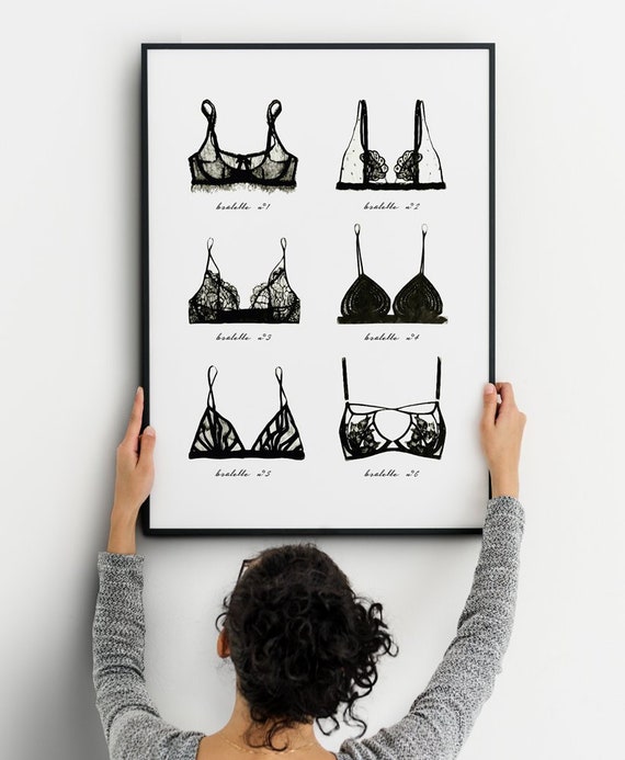 Bra Poster. Lingerie Wall Art Print. Black Lace Bralette Poster.  Undergarments Art Print. Boho Feminine Illustration. Tumblr Room Décor. 