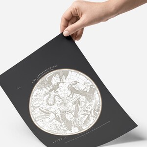 May include: A black and white vintage style poster with a circular map of the constellations. The title of the poster is "The Constellations for each Month in the Year."