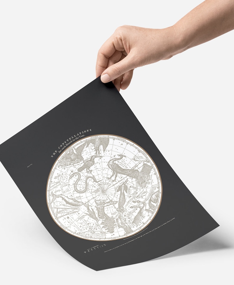 May include: A black and white vintage style poster with a circular map of the constellations. The title of the poster is "The Constellations for each Month in the Year."