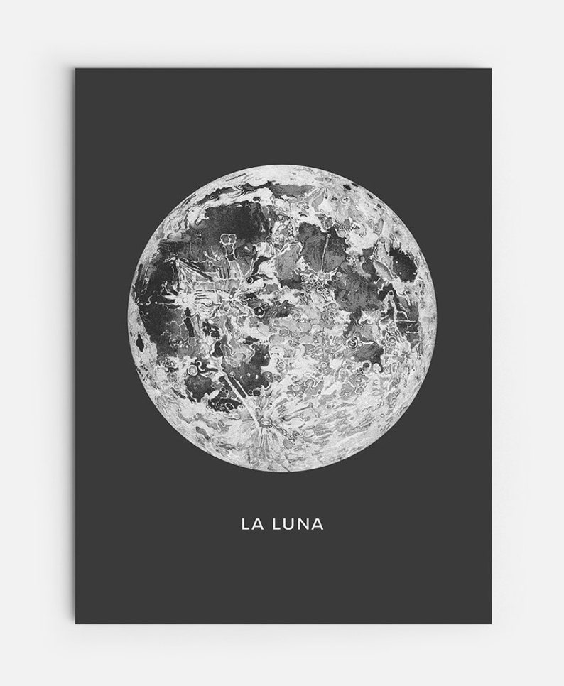 Full Moon Poster PRINTABLE FILE. La Luna Moon Poster. Lunar Moon Print. Vintage Luna Print. Solar System Art. Celestial Dorm Room Art. image 2