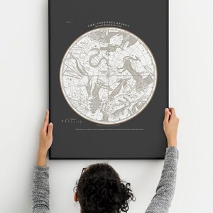 May include: A black and white vintage style illustration of constellations for each month of the year. The illustration is framed in a black frame and is being hung on a white wall.
