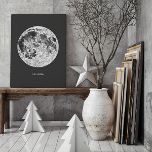 Full Moon Canvas. La Luna Moon Canvas Gallery Wrap. Lunar Moon Print. Vintage Luna Print. Solar System Art. Celestial Dorm Room Art. image 3