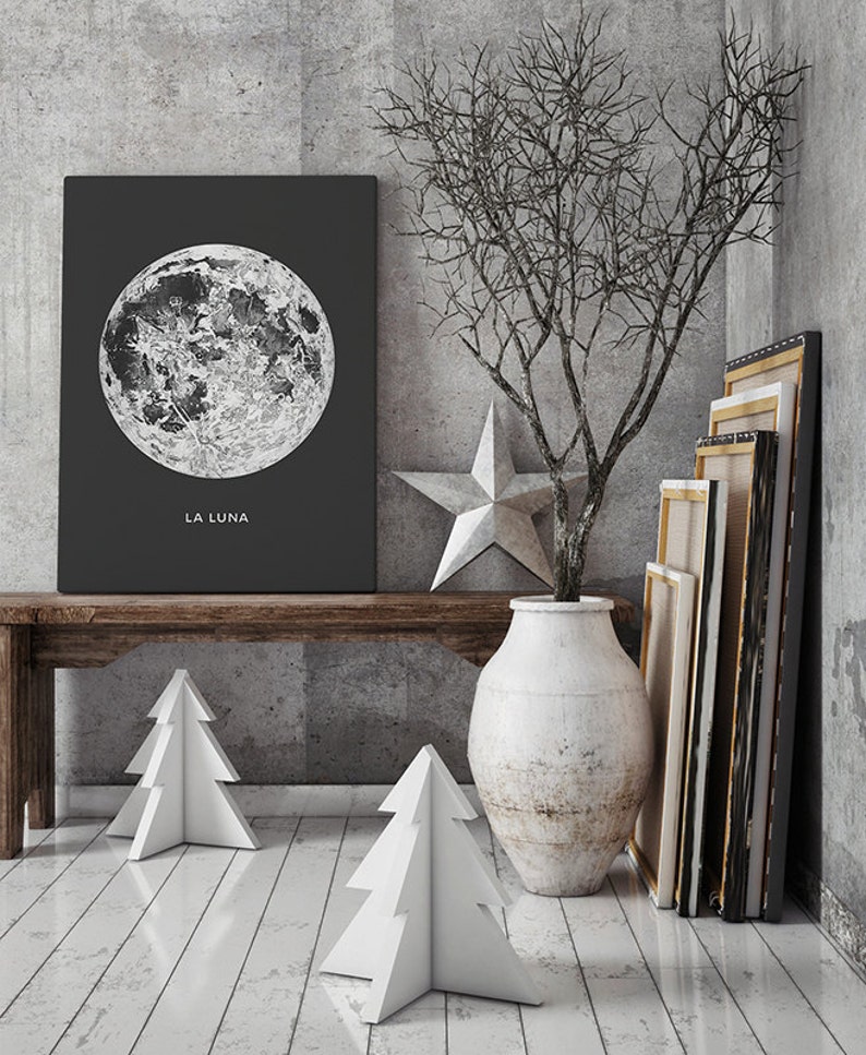 Full Moon Canvas. La Luna Moon Canvas Gallery Wrap. Lunar Moon Print. Vintage Luna Print. Solar System Art. Celestial Dorm Room Art. image 3