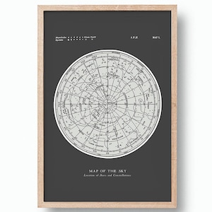 Sternenkarte Konstellationen Poster. Karte des Himmels. Moderne Jahrgang Astronomie Druck. Schwarz grau himmlischen Karte. Galerie-Wand-Kunst.