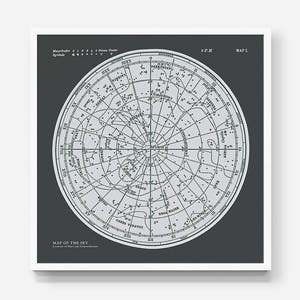 Cartaz das constelações do mapa estelar. Mapa do Céu. Impressão moderna de astronomia vintage. Mapa Celestial Cinza Preto. Arte da parede da galeria. Estampa Quadrada.