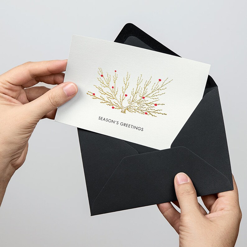 May include: A white card with a gold and red stylized tree design and the text "Season's Greetings". The card is in a black envelope.