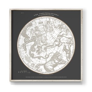 May include: A vintage style black and white illustration of the constellations for each month of the year. The image is framed in a light wood frame. The text "THE CONSTELLATIONS for each Month in the Year." is at the top of the image.