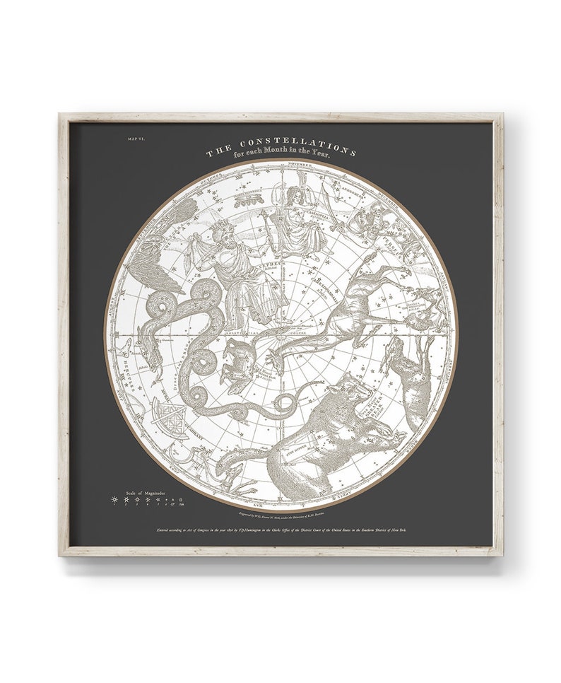 May include: A vintage style black and white illustration of the constellations for each month of the year. The image is framed in a light wood frame. The text "THE CONSTELLATIONS for each Month in the Year." is at the top of the image.