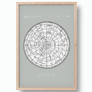 Pôster de constelações de mapa estelar. Mapa do céu. Impressão moderna de astronomia vintage. Mapa celestial cinza. Arte de parede de galeria.