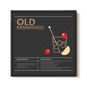 May include: A black and gold graphic illustration of an Old Fashioned cocktail recipe. The illustration includes a glass with ice cubes, a cherry, and an orange slice. The text includes the ingredients and directions for making the cocktail.