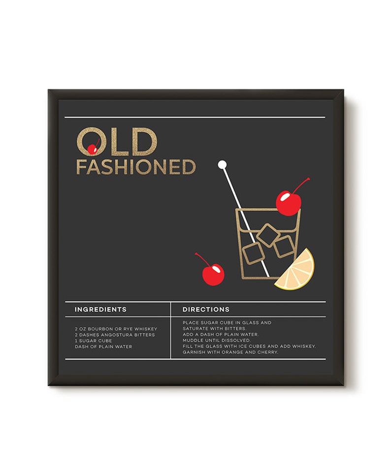 May include: A black and gold graphic illustration of an Old Fashioned cocktail recipe. The illustration includes a glass with ice cubes, a cherry, and an orange slice. The text includes the ingredients and directions for making the cocktail.