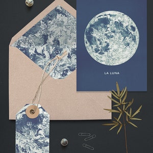 Full Moon Printable A6 Greeting Card Set. Matching DIY Envelope Liner and Gift Tag. Blue Bohemian Style Stationary Set.