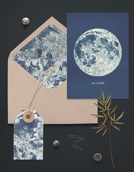 Full Moon Printable A6 Greeting Card Set. Matching DIY Envelope Liner and Gift Tag. Blue Bohemian Style Stationary Set.