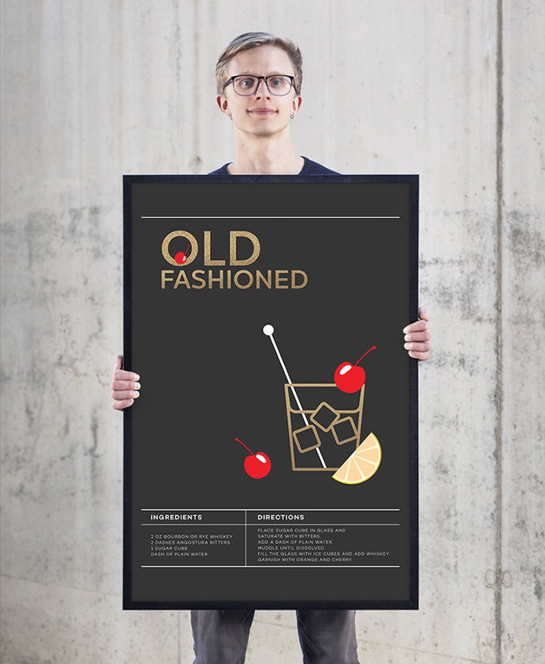 May include: A black and gold printable poster with a recipe for an Old Fashioned cocktail. The poster features a simple illustration of a glass with ice cubes, a cherry, and a lime wedge. The ingredients and directions are listed in a table format.