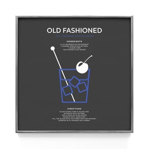 昔ながらのカクテルのレシピプリント。バーカートアート。ブラックミクソロジーカクテルポスター。Call Me Old Fashioned プリント。クラシックカクテルレシピ。