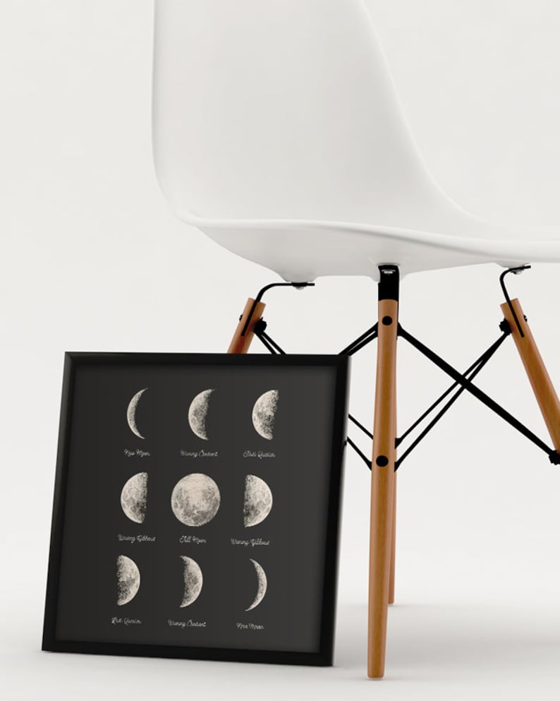 May include: Black and white illustration of the moon phases in various stages, framed in a black frame. The illustration is on a black background and includes the names of each phase.