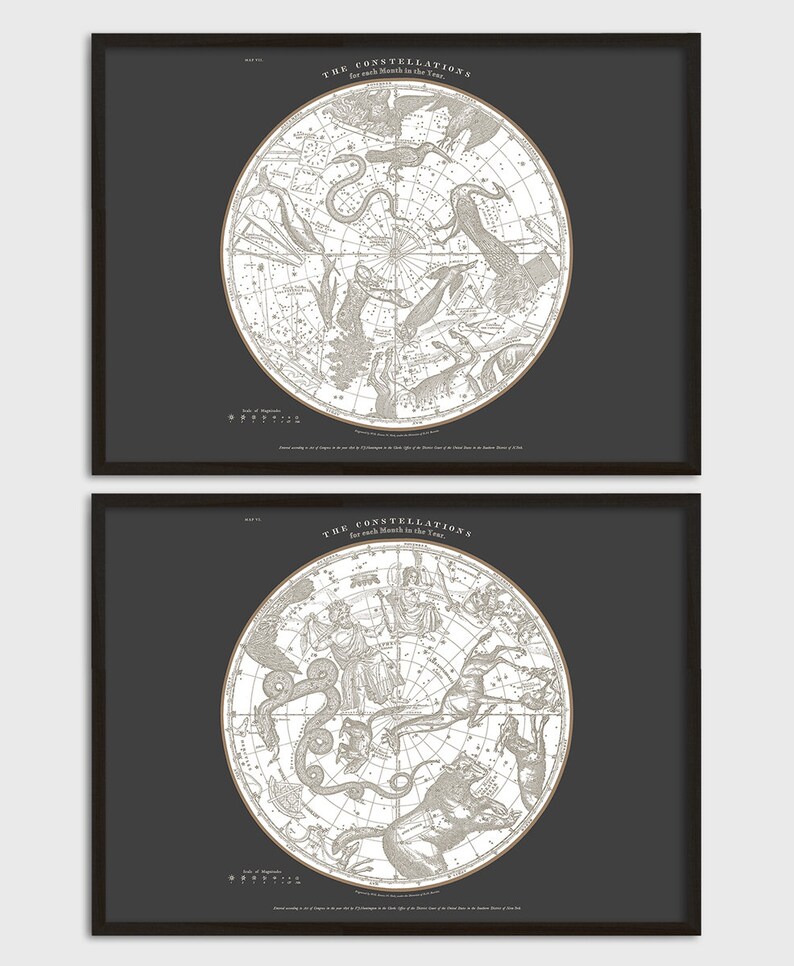 May include: Two black framed prints with white backgrounds and a circular constellation map in the center. The top print has the text "THE CONSTELLATIONS for each Month in the Year." The bottom print has the text "THE CONSTELLATIONS for each Month in the Year."