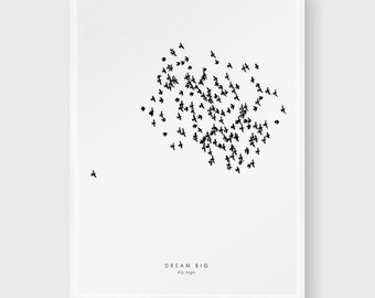 Fliegende Vögel Druck - druckbare Datei. Vogelschwarm. Schwarz weiß minimalistischen Druck. Vögel-Dekor. Galerie-Wand-Kunst. Traum große fliegen hoch.